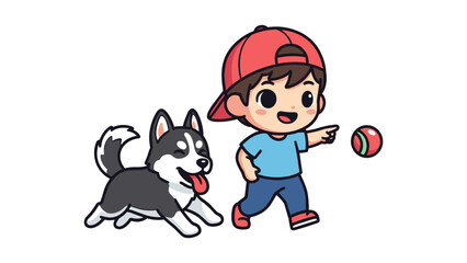 child playing fetch with husky dog flat design vector illustration © Yasmin Stock