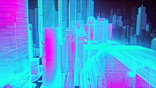 Seamless loop abstract hologram 3D city rendering with futuristic matrix. Digital buildings with a binary code particles network. Technology and connection