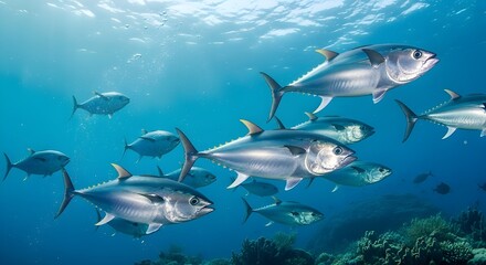 Obraz premium A school of silver fish swimming in the clear blue ocean water