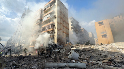 Naklejka premium Smoke Rises from Damaged Building During Strikes in Beirut Debris Visible