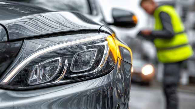 Detailed view of a modern car headlight with a glowing amber turn signal and a blurred figure in a high-visibility vest working in the background on a street