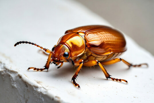 A golden tortoise beetle rests on a textured white surface. It is alert and appears to be observing its surroundings.