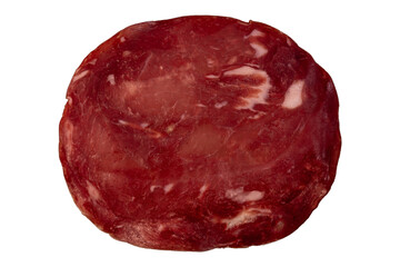 Obraz premium Cured salami slice texture, marbled fat pattern, gourmet deli meat