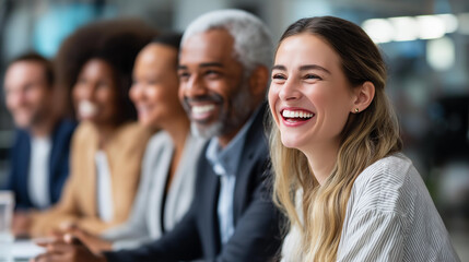 Fototapeta premium Diverse business team laughing together in a modern office during a meeting, inclusive corporate culture and team bonding concept, defocused background, with copy space