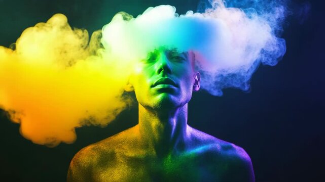An artistic representation of a human head surrounded by brightly colored smoke or fumes, symbolizing deep thought or the power of imagination.