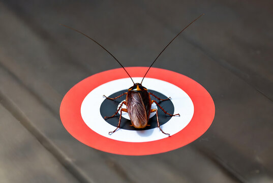 A cockroach is centered on a target drawn on a wooden surface.