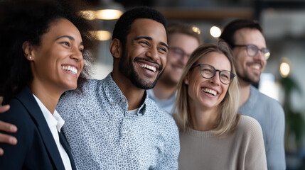 Fototapeta premium Diverse group of friends in a modern office smiling and laughing together for teamwork and positive workplace culture concept, defocused background, with copy space