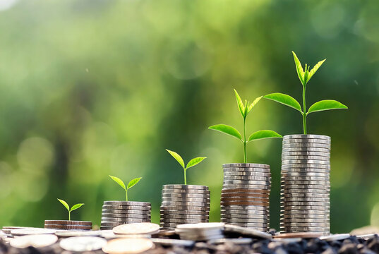 Subject: Growing money, symbolizing financial growth. Action: Coins are growing into plants on stacks of coins. Setting: Outdoors with a blurred green forest background.