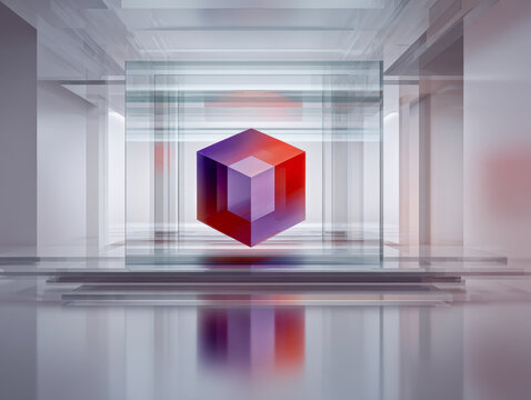 Futuristic transparent architecture featuring a floating multi-colored geometric cube with reflections creating a modern and abstract visual effect inside a sleek sp