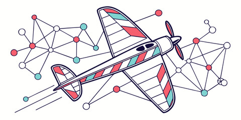 A colorful illustration of a biplane flying through a network of connected nodes and lines © Mamun