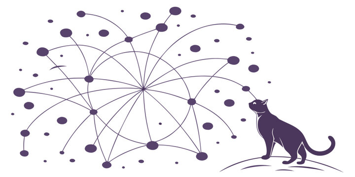 A curious cat looking at a complex network of connected dots and lines