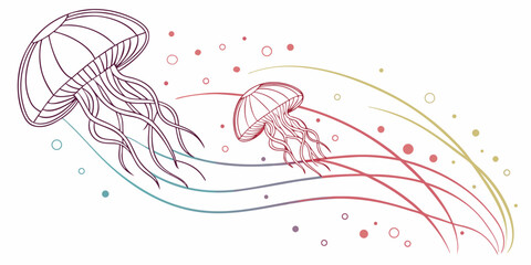 Colorful illustration of two jellyfish swimming with flowing tentacles and bubbles © Mamun
