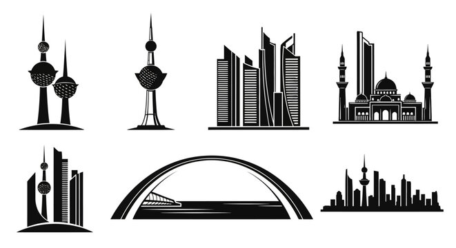 Black and white Kuwait cityscape icons.