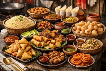 Obraz premium Pohela Boishakh street food scene with traditional snacks