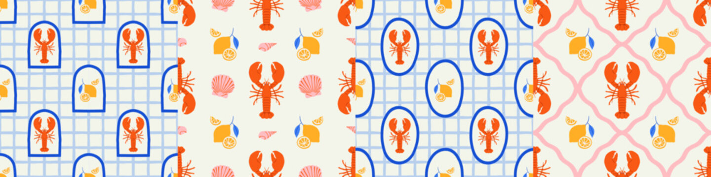 Vintage lobster seamless pattern set. Italian sea food background illustration in hand drawn style. Retro mediterranean beach surface print design collection, summer vacation texture bundle.