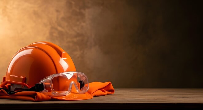 Construction safety first a vibrant orange hard hat and protective goggles on a wooden surface illuminated by light