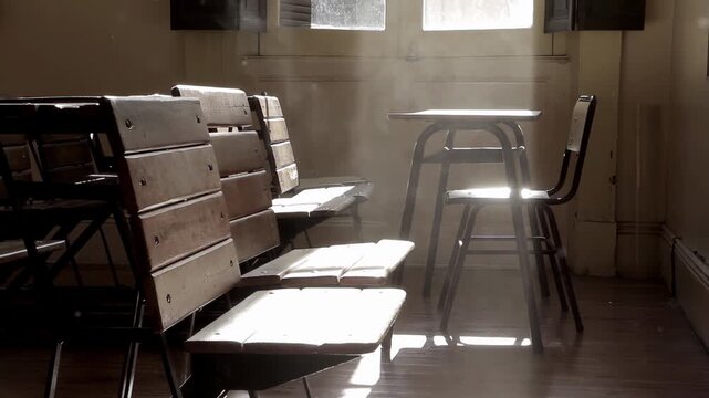 Vintage School Interior with Sunlight Streaming through Window, Empty Classroom - 4K