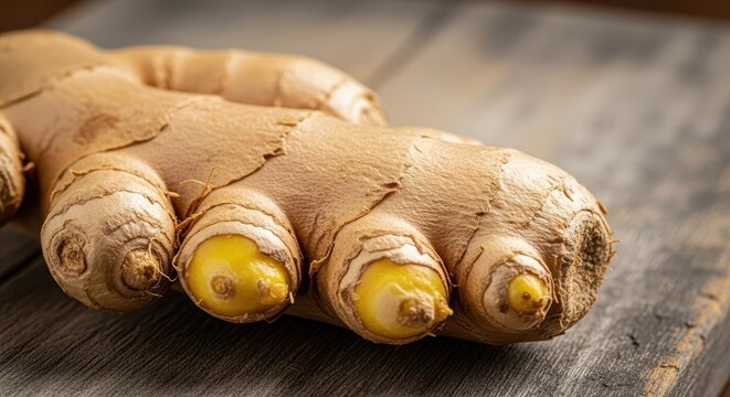 Close up macro shot of fresh knobby ginger root placed horizontally on a rustic wooden cutting board, emphasizing the golden color and rough texture, asian, fresh harvest, skin