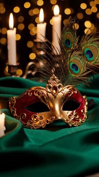 Mysterious ornate masquerade mask with peacock feathers and candles