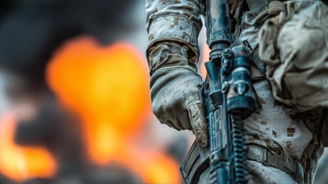 Soldier in camouflage uniform grips rifle tightly while standing near a large fire, showcasing the intensity of the environment and the readiness for action in a combat zone