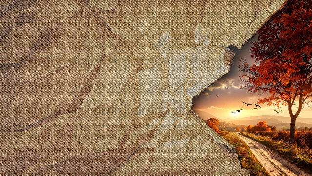 Golden Autumn Tree and Sunset Landscape Through a Jagged Opening in Brown Rough Canvas