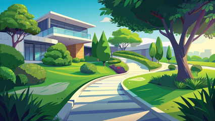 Fototapeta premium A serene suburban landscape featuring a modern architectural house and a winding stone pathway Vector