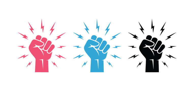 Fist knocking impact icon vector set, outline hand hit gesture in red, blue, and black variations for alert, notification, door knock, and action symbols