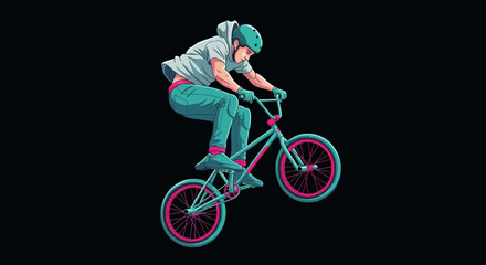 Naklejka premium Energetic Bmx Rider Performing A Radical Trick On A Dark Background Vibrant Colors