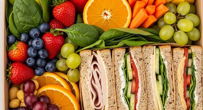 Fresh fruit and sandwiches picnic.
