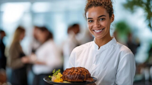Smiling female server with curly hair presents a delicious meat dish on a plate in a modern restaurant setting with blurred patrons in the background