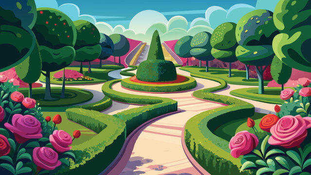 A beautiful cartoon style illustration of a vibrant garden with manicured hedges and pink roses Vector