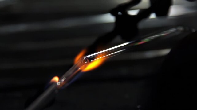 Close Up of Glassblower Welding Glass Tubes for Neon Sign, Blowtorch Flame - 4K
