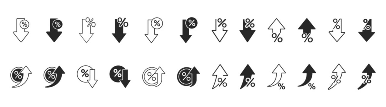 Up and down percentage icon set, percent growth and decline icons, percent increase and decrease arrows, data analysis symbol, rate fluctuation signs in black color on transparent background