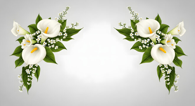 White calla lily bouquets with green leaves and small white blossoms symmetrically arranged on grey background perfect for funeral stationery wedding invitations or elegant sympathy card templates.