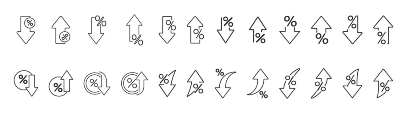 Up and down percentage icon set, percent growth and decline icons, percent increase and decrease arrows, data analysis symbol, rate fluctuation signs in black color on transparent background