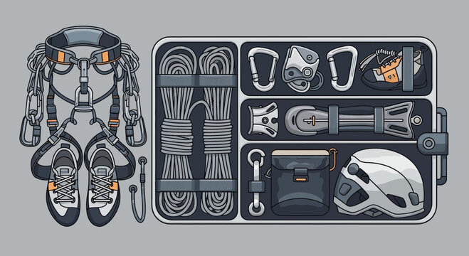 Essential Rock Climbing Gear Kit Flat Lay Illustration