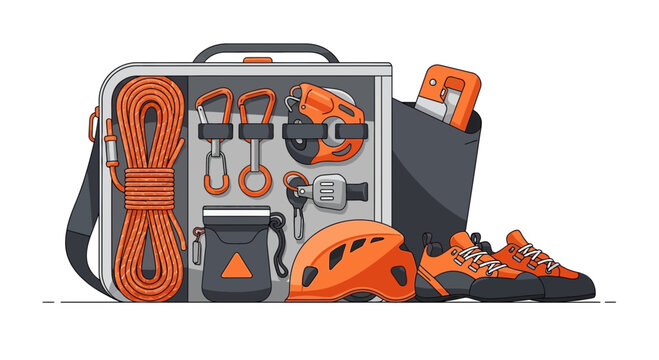 Essential Climbing Gear And Equipment Organized In A Bag