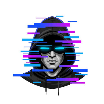 Hacker wearing hoodie and futuristic glasses with digital glitch effect