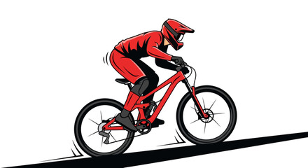 Fototapeta premium Extreme Downhill Mountain Biker Charging Steep Terrain On A Red Bicycle With Protective Gear