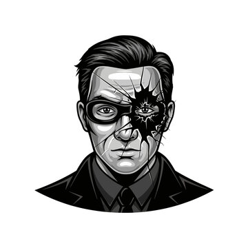Man with shattered face, broken mask, hidden identity, psychological trauma, espionage concept