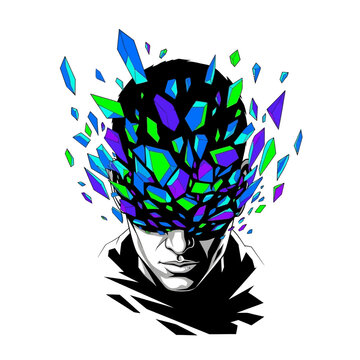 Man's head exploding into colorful geometric shards, symbolizing mental breakdown or creative burst.