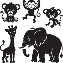 Fototapeta premium Black cartoon animals dancing in a circle on white background black animals dancing animals