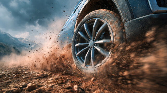 Off-road vehicle tire kicking up dirt and rocks as it powers through a rugged mountain trail under a cloudy sky on an adventurous outdoor terrain drive