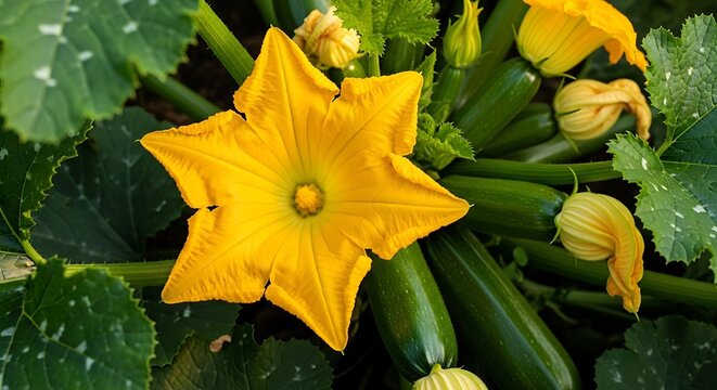 Vibrant top-down view of zucchini plant with a large yellow flower and growing vegetables