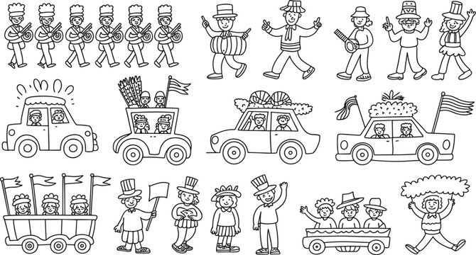 Parade Vector Illustration with Marching Band, Cars, Flags, and Festive Characters