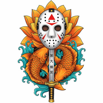 Hockey Mask Koi Fish Lotus Sword Tattoo Art