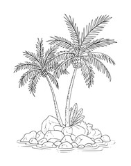 Obraz premium Palm Trees With Coconuts Growing A Rocky Shoreline With Water tropical nature