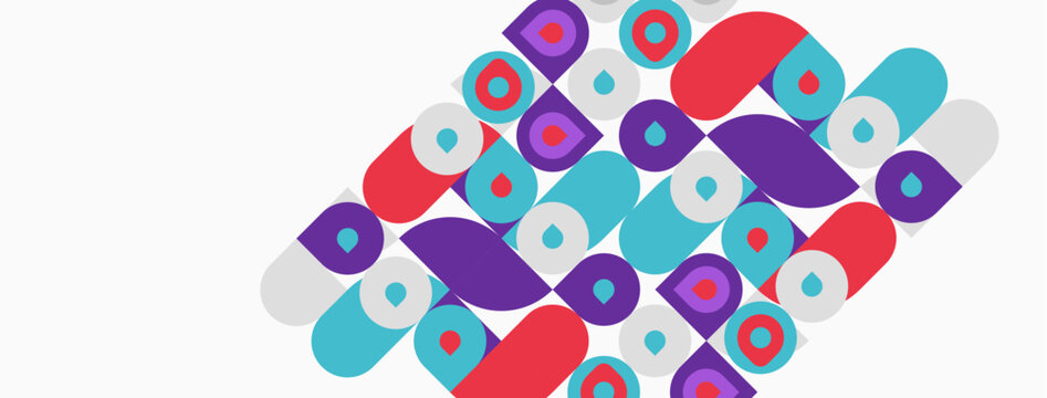 Abstract pattern. Colorful rounded shapes overlap, creating dynamic visual texture. Red, purple, turquoise dominate composition.