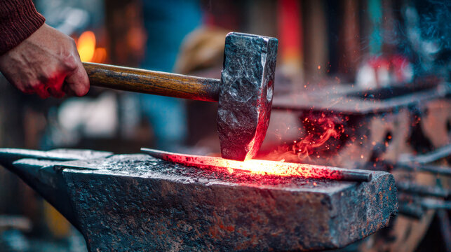 Crafting a glowing metal piece by hammering heated steel on an anvil in a traditional blacksmith workshop with sparks and smoke in the background
