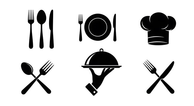 Black and white illustrations of various restaurant-related items on a white background